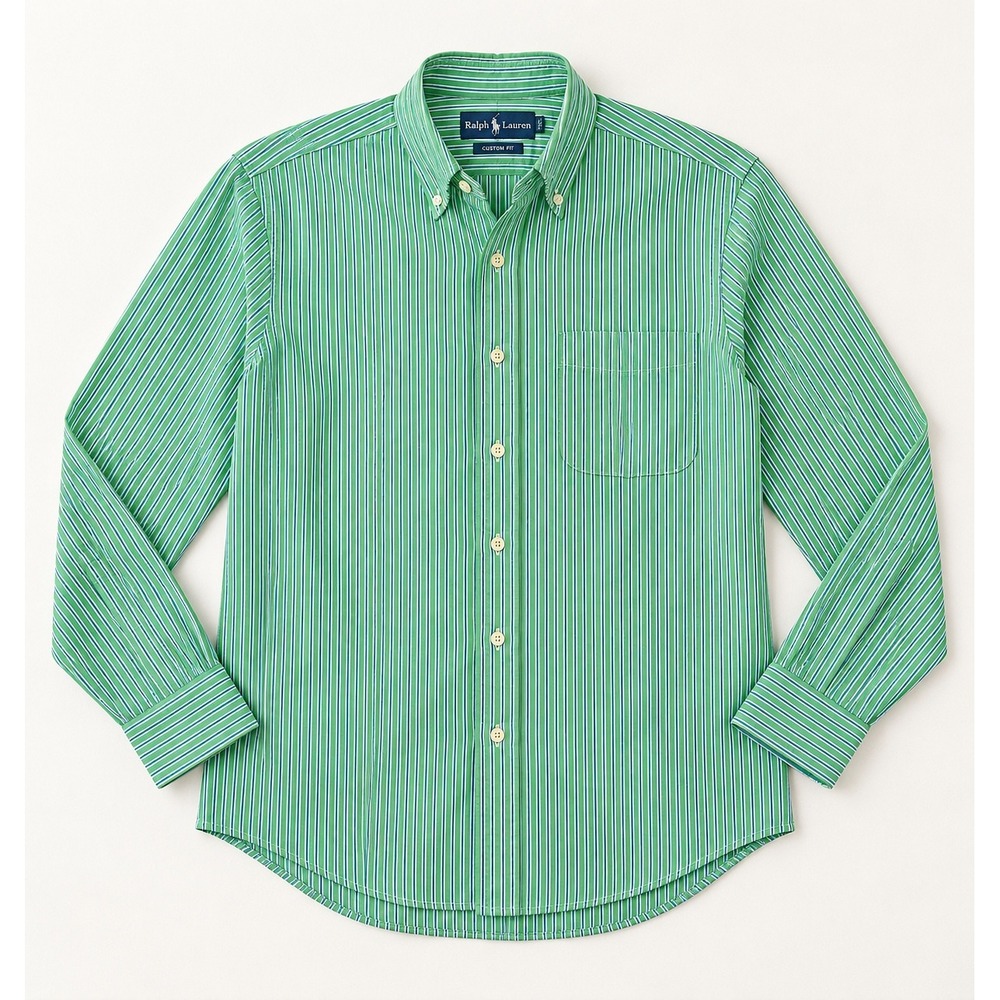 Ralph Lauren Mens Custom Fit Striped Button Down Shirt Green Blue White 16.5 L